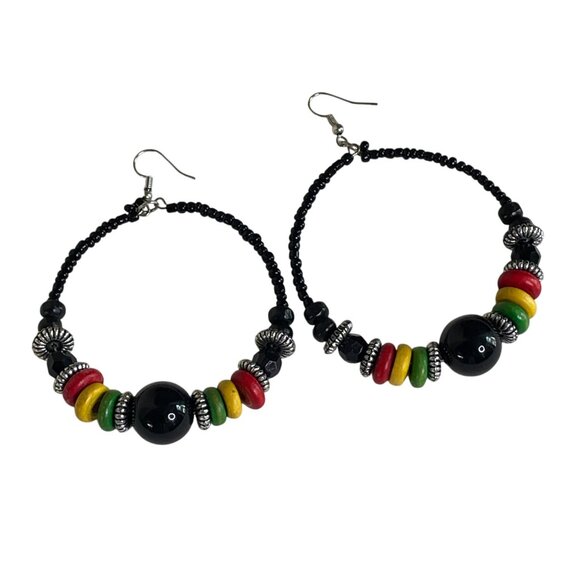 Jamaican Rasta Beaded Hoop Earrings Black Beads Red Yellow Green Accents u - Picture 1 of 4